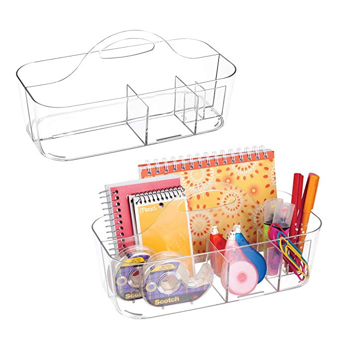 mDesign Small Plastic Portable Desk Storage Organizers Totes Caddy for Office - Set of 2, Clear