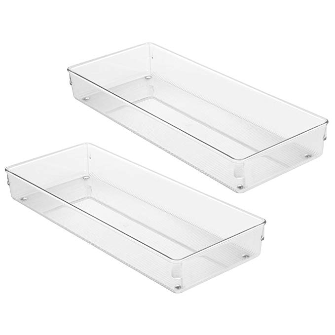 InterDesign Linus Kitchen Drawer Organizer – Set of 2 Storage Trays for Silverware and Utensils - Clear