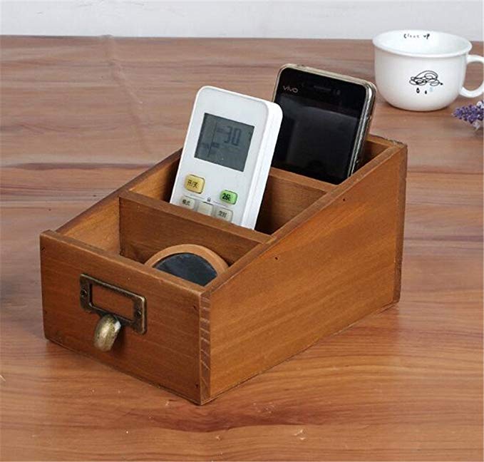 Chris.W 1Pcs Vintage Wooden 3-Compartment Desk Remote Controller Organizer, Home Sundries Storage Box, TV Guide/Mail/CD Caddy/Media Holder, Office Desktop Pencil/Pen Collection(Brown)
