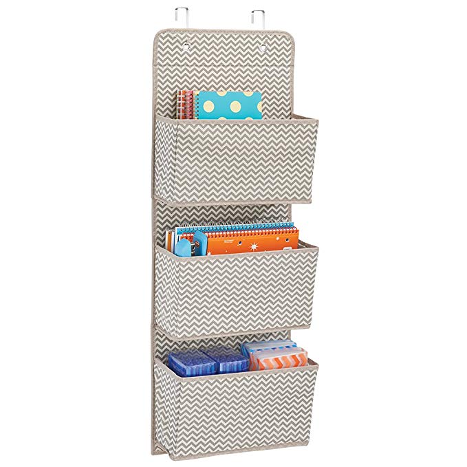 mDesign Soft Fabric Over the Door Hanging Storage Organizer with 3 Large Cascading Pockets, Holder for Office Supplies, Planners, File Folders, Notebooks - Zig Zag Chevron Pattern, Taupe/Natural