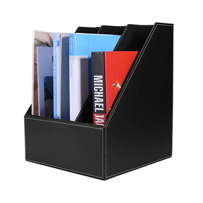 Smonet PU Leather Home Office Desktop Tabletop Document & File Organizer Rack/Magazine Holder Folder Storage Box Bin Cubbyhole Pigeonhole (3-Compartment, Black)