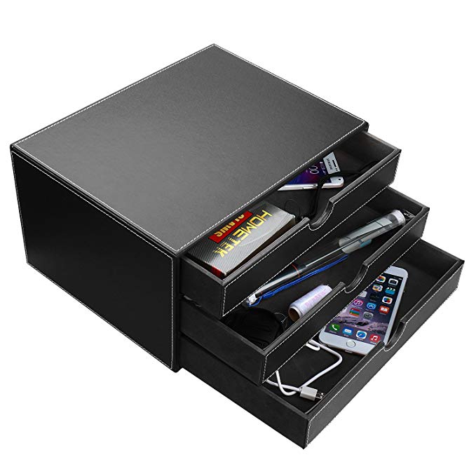 HOMETEK Multi-functional 3 Drawer Leather Desk Organizer File Cabinet Office Supplies Desktop Storage Jewelry Organizer Box with Drawer (Black)